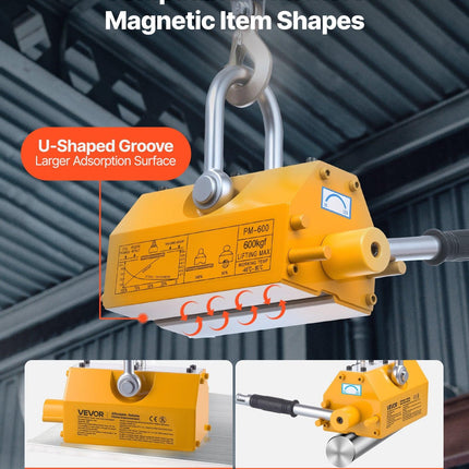 VEVOR Permanent Magnetic Lifter, 600 kg Pulling Capacity, Heavy Duty N42 Neodymium Lifting Magnet with Release Handle and Steel Hook, Used in Shop Crane and Hoist, for Lifting Plate Steel, Board.