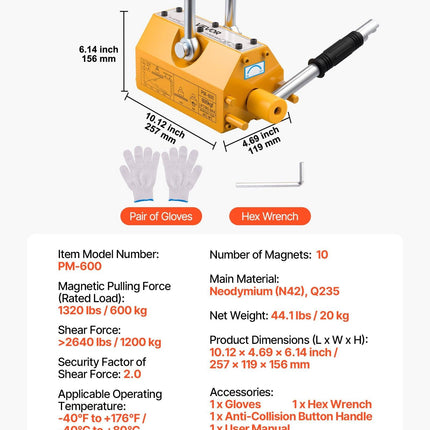 VEVOR Permanent Magnetic Lifter, 600 kg Pulling Capacity, Heavy Duty N42 Neodymium Lifting Magnet with Release Handle and Steel Hook, Used in Shop Crane and Hoist, for Lifting Plate Steel, Board.