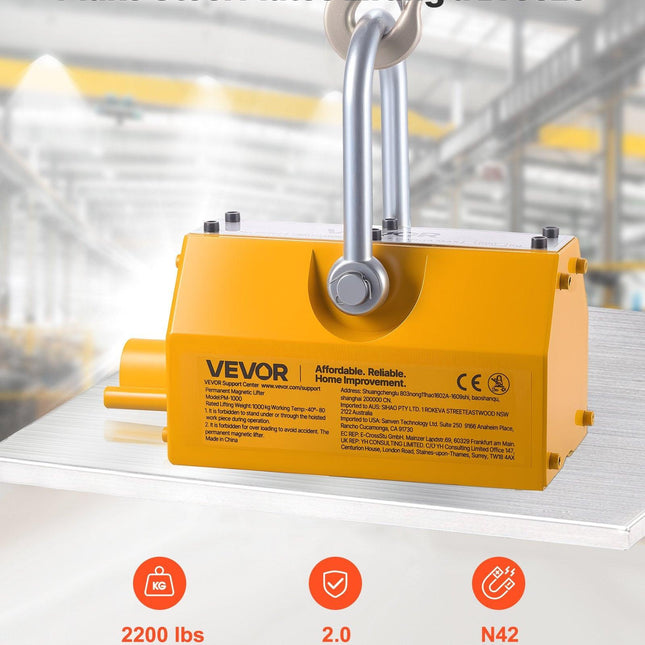 Permanent Magnetic Lifter, 1000 kg Pulling Capacity, Heavy Duty N42 Neodymium Lifting Magnet with Release Handle and Steel Hook, Used in Shop Crane and Hoist, for Lifting Plate Steel, Board.