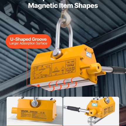 Permanent Magnetic Lifter, 1000 kg Pulling Capacity, Heavy Duty N42 Neodymium Lifting Magnet with Release Handle and Steel Hook, Used in Shop Crane and Hoist, for Lifting Plate Steel, Board.