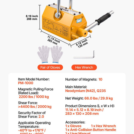 Permanent Magnetic Lifter, 1000 kg Pulling Capacity, Heavy Duty N42 Neodymium Lifting Magnet with Release Handle and Steel Hook, Used in Shop Crane and Hoist, for Lifting Plate Steel, Board.