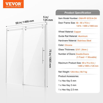Frameless Shower Door 58-59" x 75" SGCC Tempered Glass 5/16" Chrome.