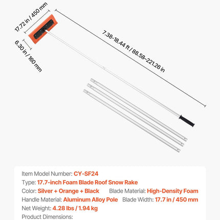 Snow Roof Rake, 45cm Foam Blade, 2.25-5.62 m Adjustable Roof Snow Scraper, Extension Tubes & Non-Slip Handle, Lightweight Snows Removal Tool for House Leaves Debris Clearing.