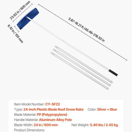 Snow Roof Rake, 60cm PP Plastic Blade, 1.18-5.55 m Adjustable Roof Snow Scraper with Wheels, Anti-Slip Handle Snows Removal Tool, Lightweight House Rooftop Rake for Leaves Debris Removal.