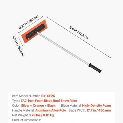 VEVOR Snow Roof Rake, 1.2m Long Reach Car Roof Snow Scraper, 45cm Foam Blade for No Scratches, Non-Slip Handle, Lightweight Snows Removal Tool for Vehicle Garage Rooftop Leaves Debris Clearing.