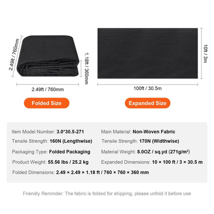 Non-Woven Geotextile Fabric 10x100FT 8OZ Ground Cover Weed Control Fabric, 3.0 x 30.5 m.