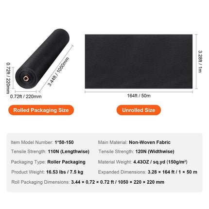 Driveway Fabric, 1*50m Non Woven Geotextile Fabric, Heavy Duty Garden Weed Barrier Fabric, 4.43OZ Landscape Fabric, French Drains Drainage Fabric, Ground Cover Weed Control Fabric,3.28 x 164 ft.