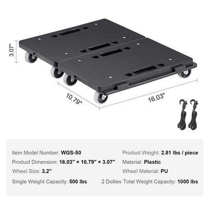 Furniture Dolly, 500 lbs Capacity Each Count, Furniture Mover with Wheels, Portable Moving Rollers 4 Wheels Heavy Duty, Small Flat Dolly Cart with Interlocking for Heavy Furniture, 2 Pack, Black.