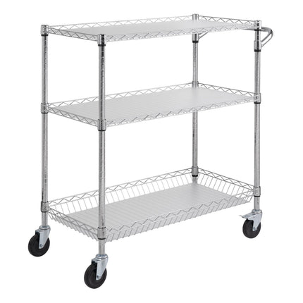 Kitchen Utility Cart, 3 Tiers, Wire Rolling Cart, Steel Service Cart on Wheels, Metal Storage Trolley with 80mm Basket Curved Handle PP Liner 6 Hooks, for Indoor and Outdoor.