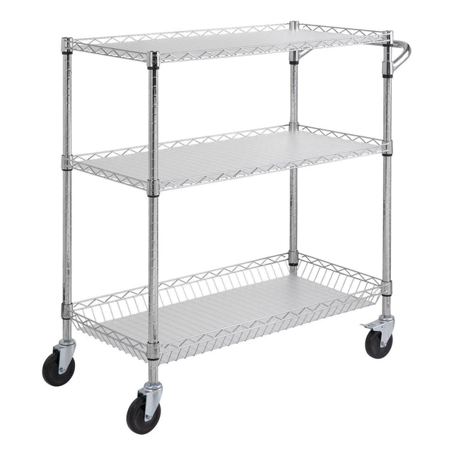 Kitchen Utility Cart, 3 Tiers, Wire Rolling Cart, Steel Service Cart on Wheels, Metal Storage Trolley with 80mm Basket Curved Handle PP Liner 6 Hooks, for Indoor and Outdoor.