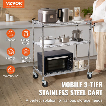 Kitchen Utility Cart, 3 Tiers, Wire Rolling Cart, Steel Service Cart on Wheels, Metal Storage Trolley with 80mm Basket Curved Handle PP Liner 6 Hooks, for Indoor and Outdoor.