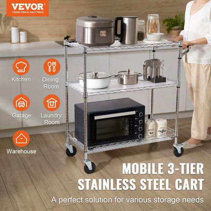 Kitchen Utility Cart, 3 Tiers, Wire Rolling Cart, Steel Service Cart on Wheels, Metal Storage Trolley with 80mm Basket Curved Handle PP Liner 6 Hooks, for Indoor and Outdoor.