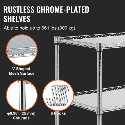 Kitchen Utility Cart, 3 Tiers, Wire Rolling Cart, Steel Service Cart on Wheels, Metal Storage Trolley with 80mm Basket Curved Handle PP Liner 6 Hooks, for Indoor and Outdoor.