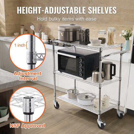Kitchen Utility Cart, 3 Tiers, Wire Rolling Cart, Steel Service Cart on Wheels, Metal Storage Trolley with 80mm Basket Curved Handle PP Liner 6 Hooks, for Indoor and Outdoor.