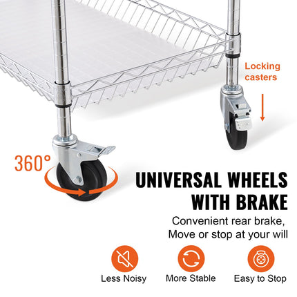 Kitchen Utility Cart, 3 Tiers, Wire Rolling Cart, Steel Service Cart on Wheels, Metal Storage Trolley with 80mm Basket Curved Handle PP Liner 6 Hooks, for Indoor and Outdoor.