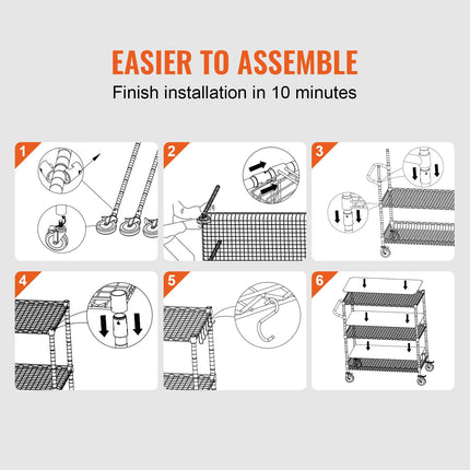 Kitchen Utility Cart, 3 Tiers, Wire Rolling Cart, Steel Service Cart on Wheels, Metal Storage Trolley with 80mm Basket Curved Handle PP Liner 6 Hooks, for Indoor and Outdoor.