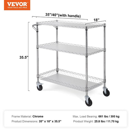 Kitchen Utility Cart, 3 Tiers, Wire Rolling Cart, Steel Service Cart on Wheels, Metal Storage Trolley with 80mm Basket Curved Handle PP Liner 6 Hooks, for Indoor and Outdoor.