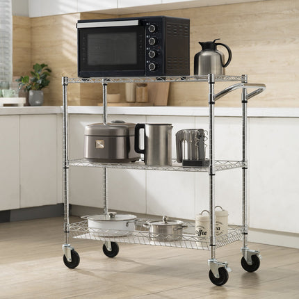 Kitchen Utility Cart, 3 Tiers, Wire Rolling Cart, Steel Service Cart on Wheels, Metal Storage Trolley with 80mm Basket Curved Handle PP Liner 6 Hooks, for Indoor and Outdoor.