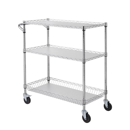 Kitchen Utility Cart, 3 Tiers, Wire Rolling Cart, Steel Service Cart on Wheels, Metal Storage Trolley with 80mm Basket Curved Handle PP Liner 6 Hooks, for Indoor and Outdoor.