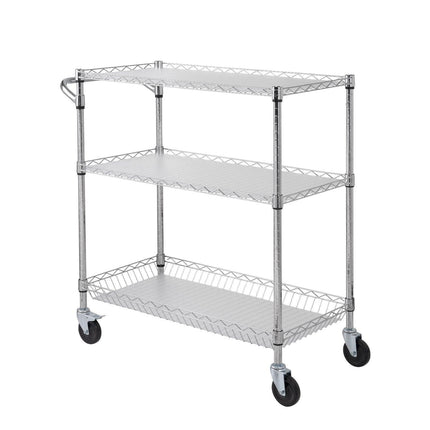 Kitchen Utility Cart, 3 Tiers, Wire Rolling Cart, Steel Service Cart on Wheels, Metal Storage Trolley with 80mm Basket Curved Handle PP Liner 6 Hooks, for Indoor and Outdoor.