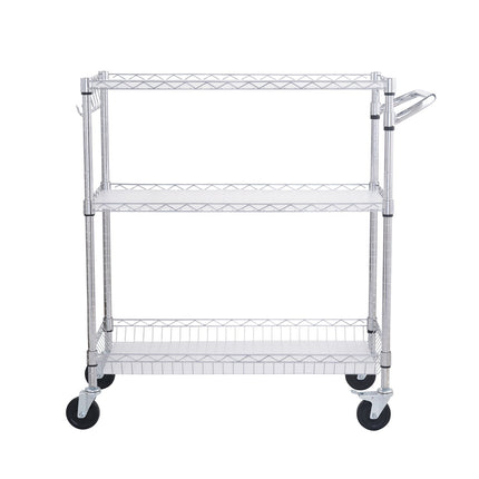 Kitchen Utility Cart, 3 Tiers, Wire Rolling Cart, Steel Service Cart on Wheels, Metal Storage Trolley with 80mm Basket Curved Handle PP Liner 6 Hooks, for Indoor and Outdoor.