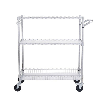 Kitchen Utility Cart, 3 Tiers, Wire Rolling Cart, Steel Service Cart on Wheels, Metal Storage Trolley with 80mm Basket Curved Handle PP Liner 6 Hooks, for Indoor and Outdoor.
