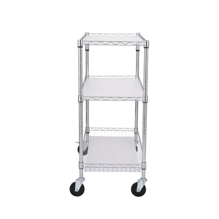 Kitchen Utility Cart, 3 Tiers, Wire Rolling Cart, Steel Service Cart on Wheels, Metal Storage Trolley with 80mm Basket Curved Handle PP Liner 6 Hooks, for Indoor and Outdoor.