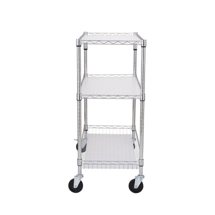 Kitchen Utility Cart, 3 Tiers, Wire Rolling Cart, Steel Service Cart on Wheels, Metal Storage Trolley with 80mm Basket Curved Handle PP Liner 6 Hooks, for Indoor and Outdoor.