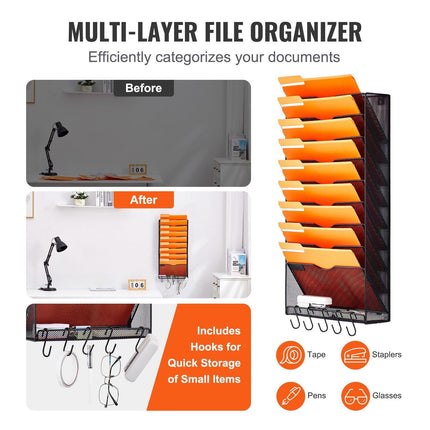 File Wall Rack Mesh Wall File Holder 1-Piece 10 Pockets for Office/School.