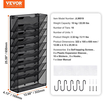 File Wall Rack Mesh Wall File Holder 1-Piece 10 Pockets for Office/School.