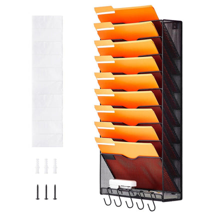 File Wall Rack Mesh Wall File Holder 1-Piece 10 Pockets for Office/School.