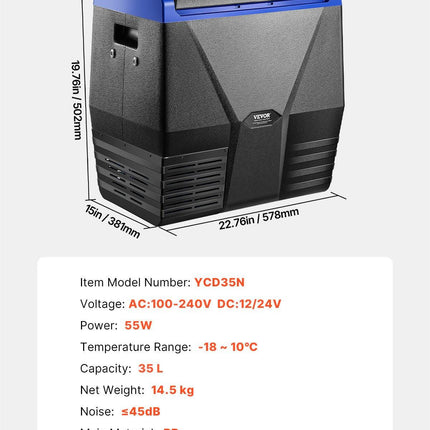 VEVOR Portable Car Refrigerator Freezer Compressor 35L Single Zone for Car Home.