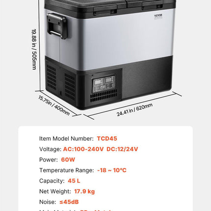VEVOR Portable Car Refrigerator Freezer Compressor 45L Dual Zone for Car Home.