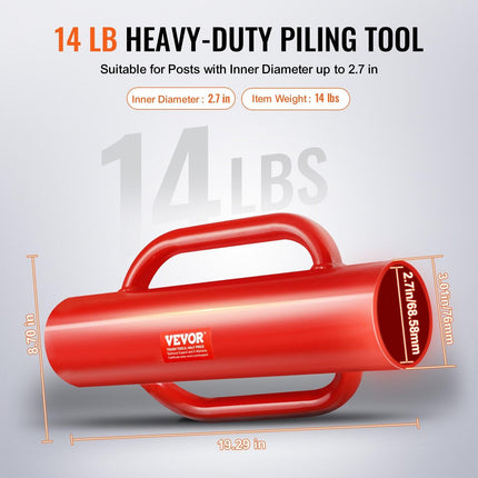 Fence Post Driver with Handles, 2.7 in Inner Diameter T Post Pole Pounder, 14LB Heavy Duty Carbon Steel Hand Post Rammer, Farm Fencing Hole Digger for U Channel, Sign Pole, Wooden Post, Red.