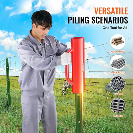 Fence Post Driver with Handles, 2.7 in Inner Diameter T Post Pole Pounder, 14LB Heavy Duty Carbon Steel Hand Post Rammer, Farm Fencing Hole Digger for U Channel, Sign Pole, Wooden Post, Red.