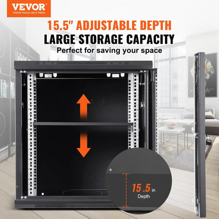 9U Wall Mount Network Server Cabinet, 39.37 cm Deep, Server Rack Cabinet Enclosure, 90.7 kg Max. Ground-mounted Load Capacity, with Locking Glass Door Side Panels, for IT Equipment, A/V Devices.