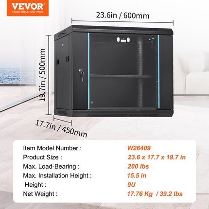 9U Wall Mount Network Server Cabinet, 39.37 cm Deep, Server Rack Cabinet Enclosure, 90.7 kg Max. Ground-mounted Load Capacity, with Locking Glass Door Side Panels, for IT Equipment, A/V Devices.