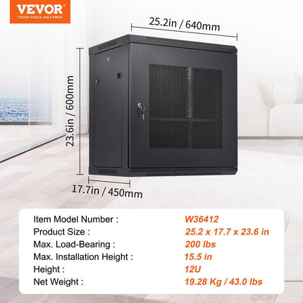 12U Wall Mount Network Server Cabinet, 15.5'' Deep, Server Rack Cabinet Enclosure, 200 lbs Max. Ground-mounted Load Capacity, with Locking Door Side Panels, for IT Equipment, A/V Devices.