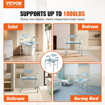 Commode Chair, Bedside Commode with Drop-Down Arms and Detachable Backrest, 5-Level Adjustable Height, 7L Removable Bucket, Easy to Assemble, 1000LBS Capacity, Portable Toilet for Adults Seniors.