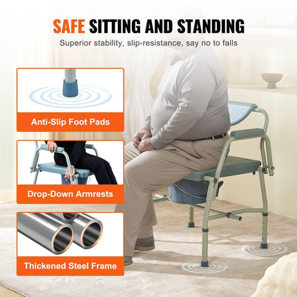 Commode Chair, Bedside Commode with Drop-Down Arms and Detachable Backrest, 5-Level Adjustable Height, 7L Removable Bucket, Easy to Assemble, 1000LBS Capacity, Portable Toilet for Adults Seniors.