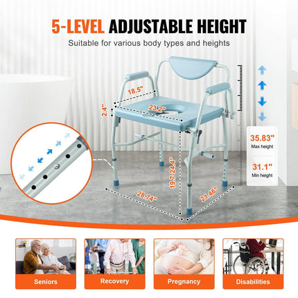Commode Chair, Bedside Commode with Drop-Down Arms and Detachable Backrest, 5-Level Adjustable Height, 7L Removable Bucket, Easy to Assemble, 1000LBS Capacity, Portable Toilet for Adults Seniors.