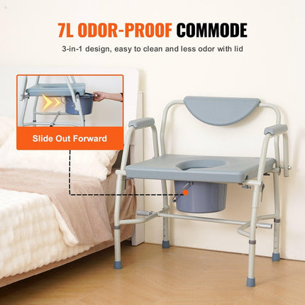 Commode Chair, Bedside Commode with Drop-Down Arms and Detachable Backrest, 5-Level Adjustable Height, 7L Removable Bucket, Easy to Assemble, 1000LBS Capacity, Portable Toilet for Adults Seniors.