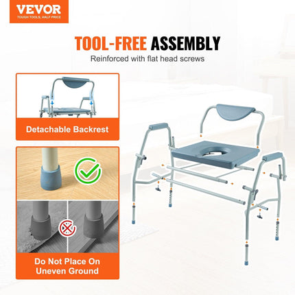Commode Chair, Bedside Commode with Drop-Down Arms and Detachable Backrest, 5-Level Adjustable Height, 7L Removable Bucket, Easy to Assemble, 1000LBS Capacity, Portable Toilet for Adults Seniors.