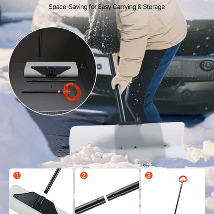 Snow Pusher Shovel, 61 cm Wide Outdoor Snowplow Shovel with Ergonomic Grip, HDPE Plastic Blade, Winter Shovels with Segmented Handle, Portable Snow Removal Tool for Driveway Garden Camping.