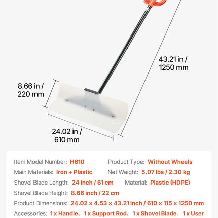 Snow Pusher Shovel, 61 cm Wide Outdoor Snowplow Shovel with Ergonomic Grip, HDPE Plastic Blade, Winter Shovels with Segmented Handle, Portable Snow Removal Tool for Driveway Garden Camping.