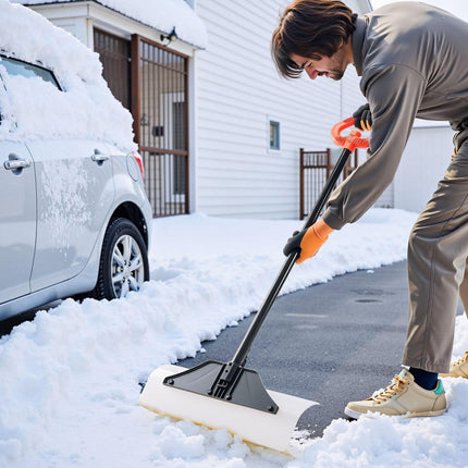 Snow Pusher Shovel, 61 cm Wide Outdoor Snowplow Shovel with Ergonomic Grip, HDPE Plastic Blade, Winter Shovels with Segmented Handle, Portable Snow Removal Tool for Driveway Garden Camping.