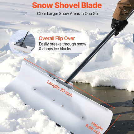 Snow Pusher Shovel, 76.2 cm Outdoor Snowplow Shovel with Ergonomic Grip, HDPE Plastic Blade, Winter Shovels with Segmented Handle, Metal Edged Strip, Portable Snow Removal Tool for Driveway.
