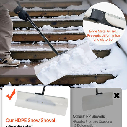 Snow Pusher Shovel, 76.2 cm Outdoor Snowplow Shovel with Ergonomic Grip, HDPE Plastic Blade, Winter Shovels with Segmented Handle, Metal Edged Strip, Portable Snow Removal Tool for Driveway.