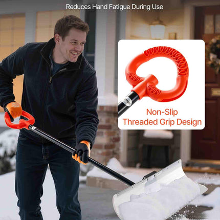 Snow Pusher Shovel, 76.2 cm Outdoor Snowplow Shovel with Ergonomic Grip, HDPE Plastic Blade, Winter Shovels with Segmented Handle, Metal Edged Strip, Portable Snow Removal Tool for Driveway.