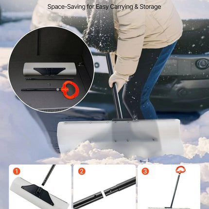 Snow Pusher Shovel, 76.2 cm Outdoor Snowplow Shovel with Ergonomic Grip, HDPE Plastic Blade, Winter Shovels with Segmented Handle, Metal Edged Strip, Portable Snow Removal Tool for Driveway.
